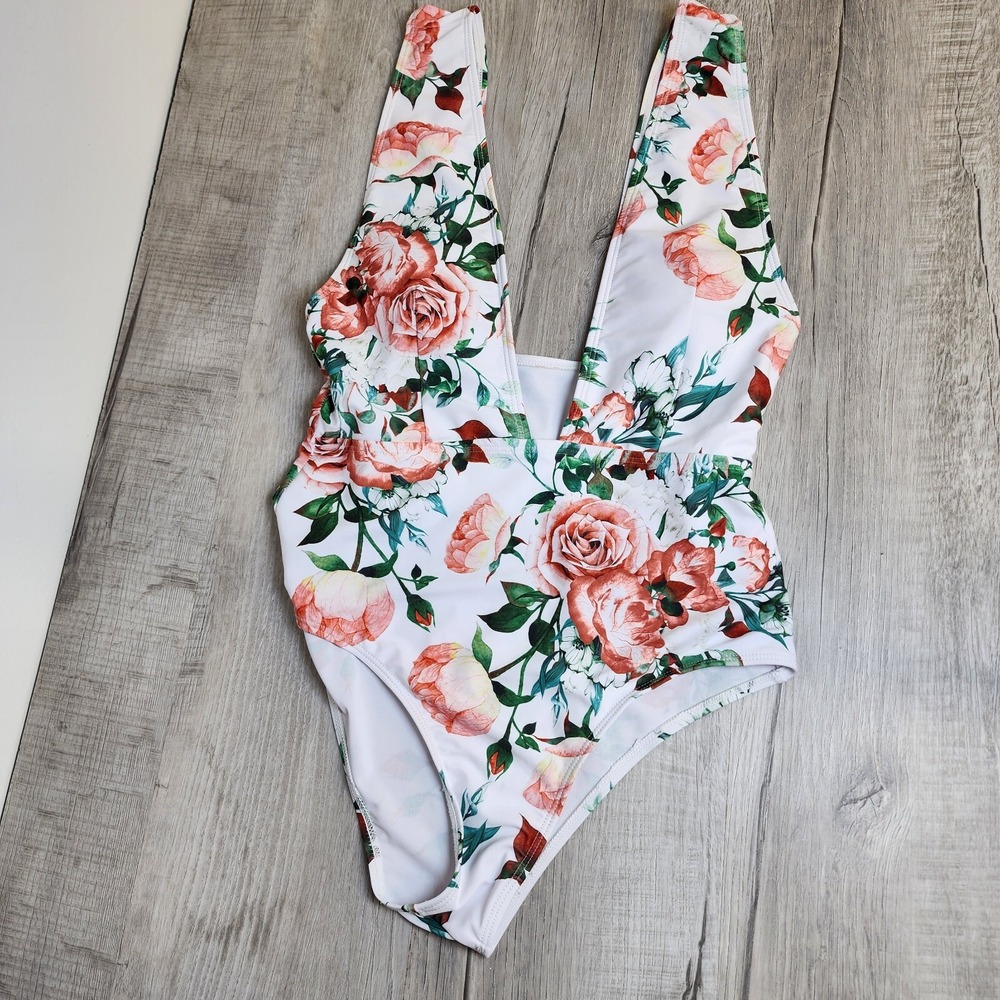 Shein Women's Medium One Piece Swimsuit Low Front And Back Floral Roses Colorful